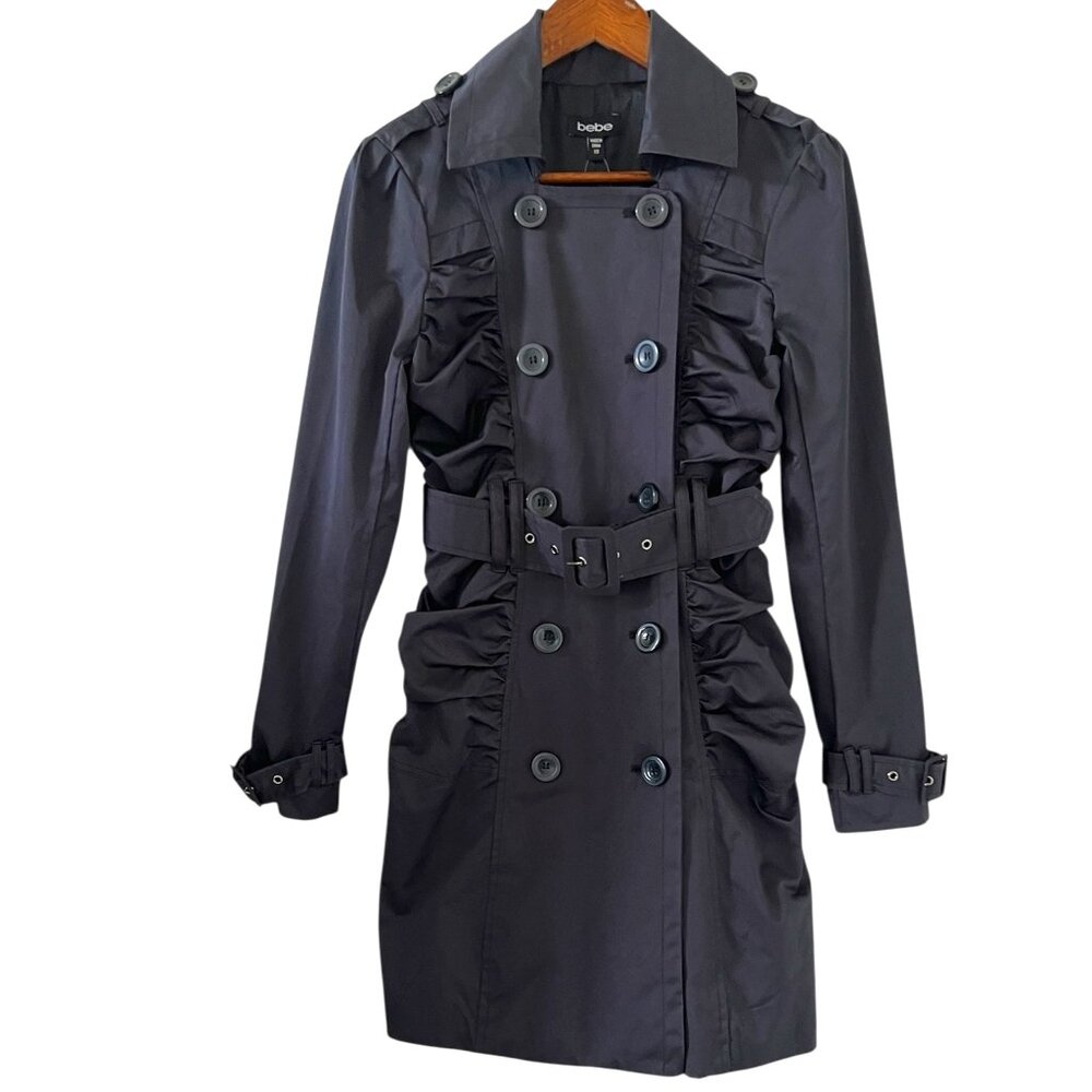 BEBE NEW Ruched Double Breast Trench Coat In Black Size XS